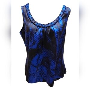 Saint John Royal Blue & Black Silk Shell Blouse / Shirt Rope Neckline Size Large